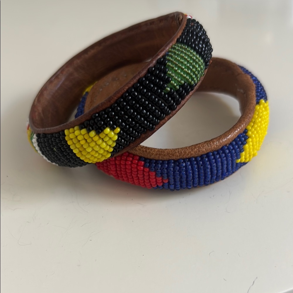 2 Vintage Bangle Bracelet: Native American Seed Bead & Leather